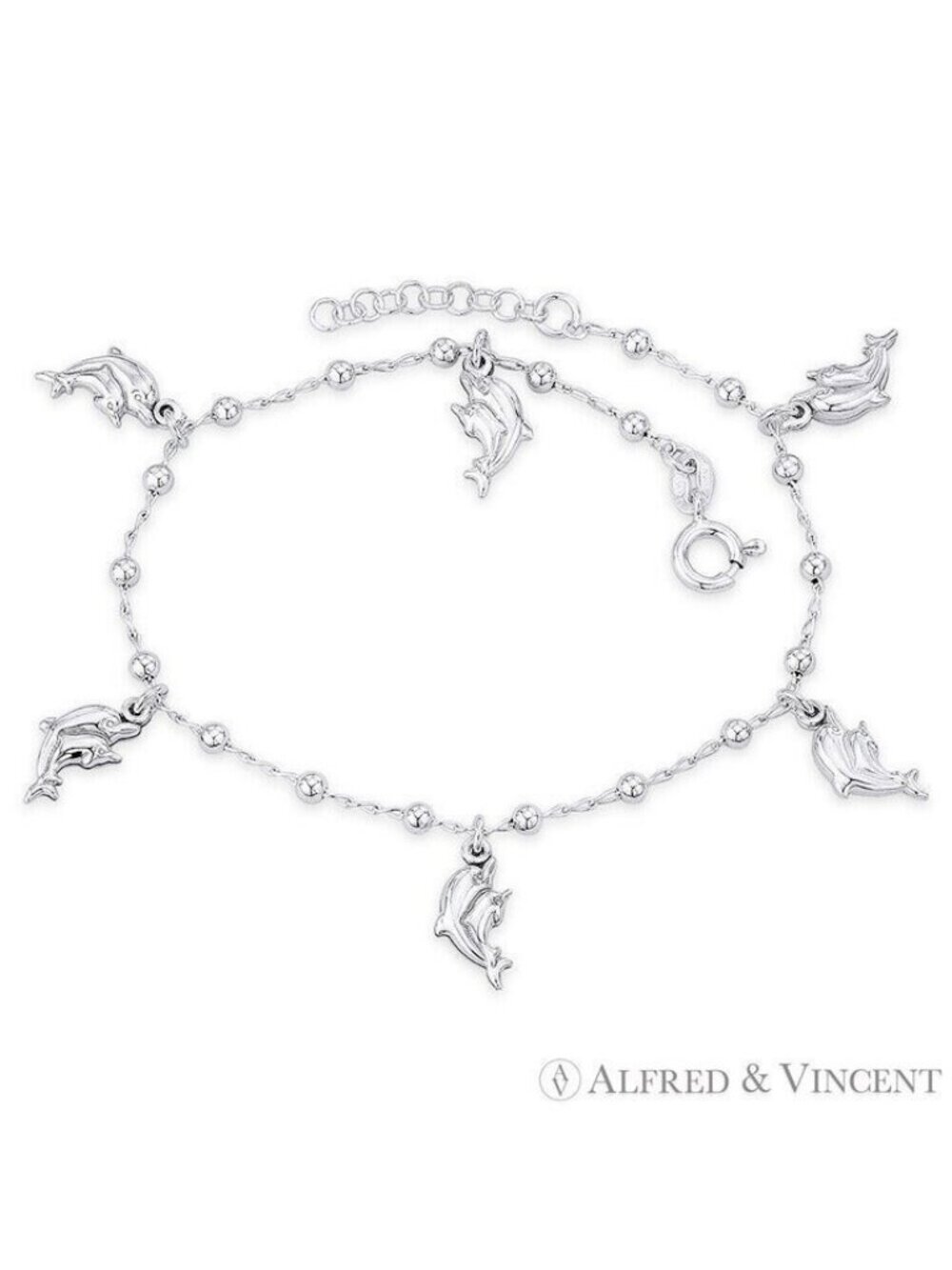 Mom & Baby Dolphin, Bead, & Cable Chain Charm Anklet in .925 Sterling Silver-9"